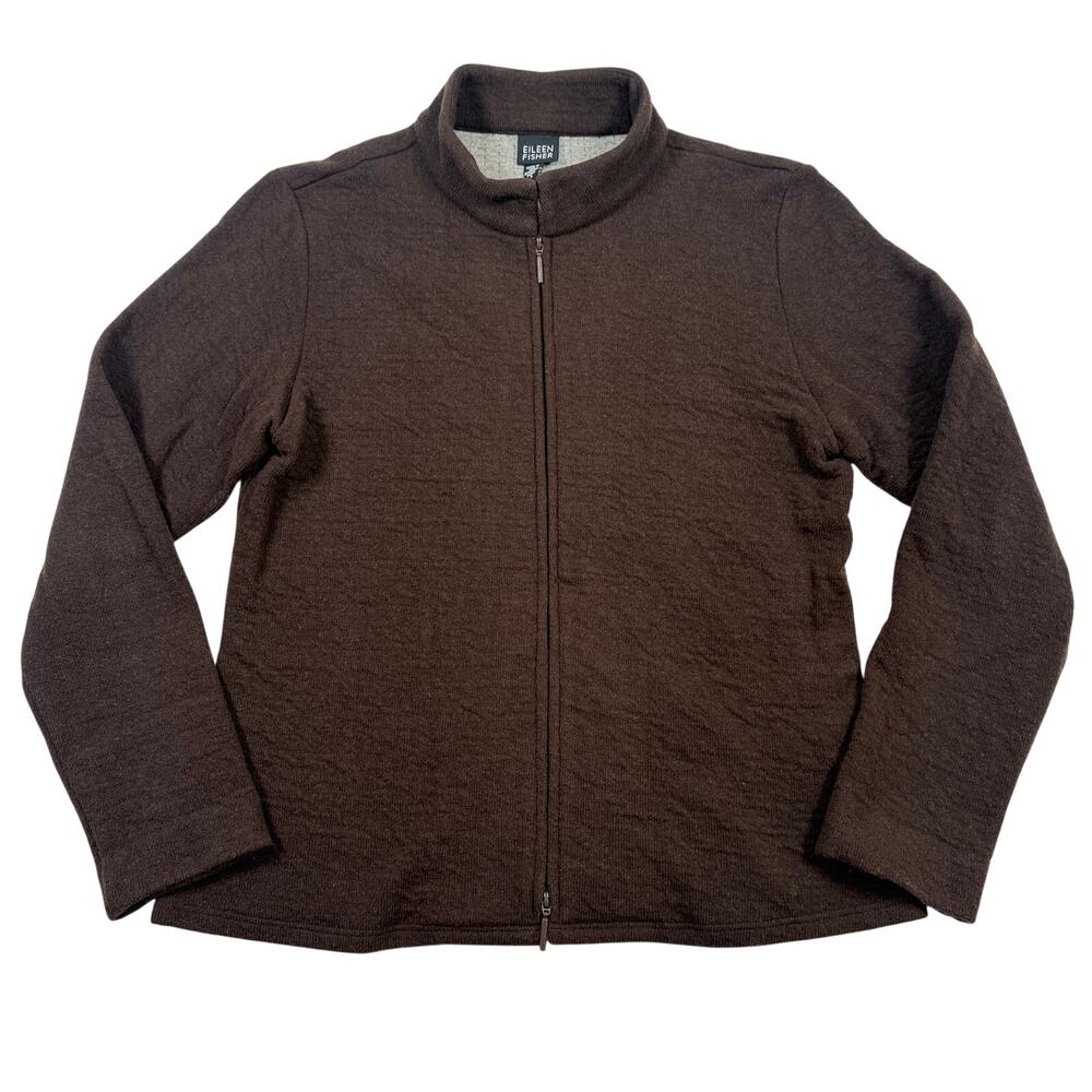 Eileen Fisher Wool Blend Full Zip Sweater Jacket Size Small Brown Mock Neck USA